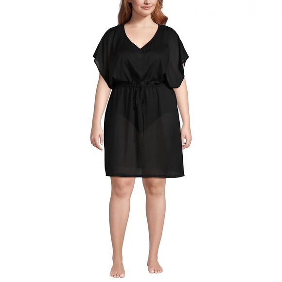 Lands' End 1X, M-L LONG Sheer Oversized Black Gathered Waist Swim Cover-up Dress - Picture 1 of 8